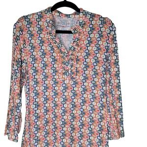 Fine‎ Garments by Bell Shift Dress Large Multi Split Neck Ruffle MOD 70s Retro